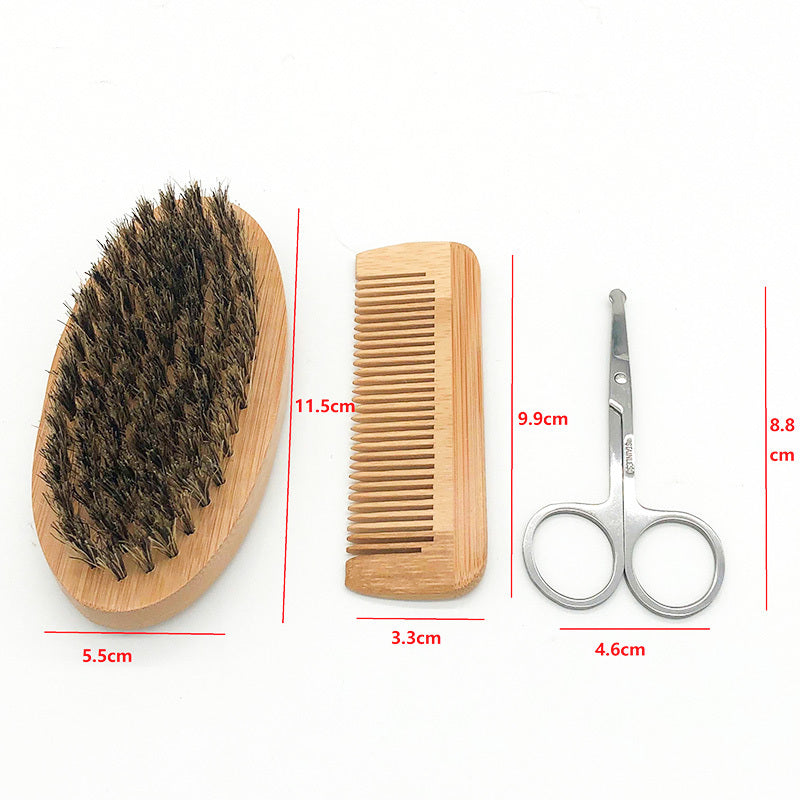 Set of grooming tools including a brush, comb, and scissors with measurements on a white background