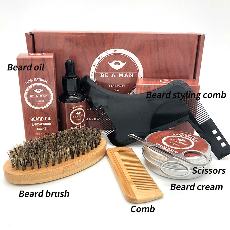 Beard grooming kit with various tools and products on a white background