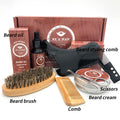Beard grooming kit with various tools and products on a white background